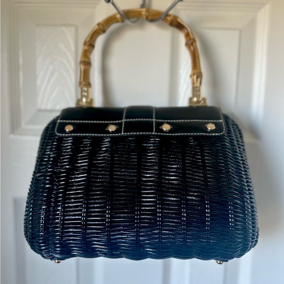 J. McLaughlin Black Woven Satchel with Bamboo Handle - Picture 2 of 4
